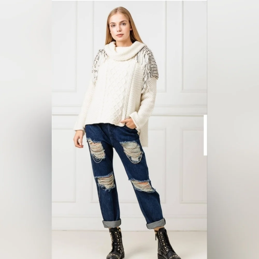 NWT Twinset‎ Milano Fringe Knit Sweater M Ivory Chunky Cable Knit Cowl Neck